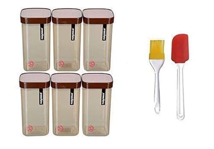 Nayasa Superplast Plastic Fusion Containers 2100ml, Set of 6, Brown with Silicone Spatula and Brush Set by Krishna Enterprises