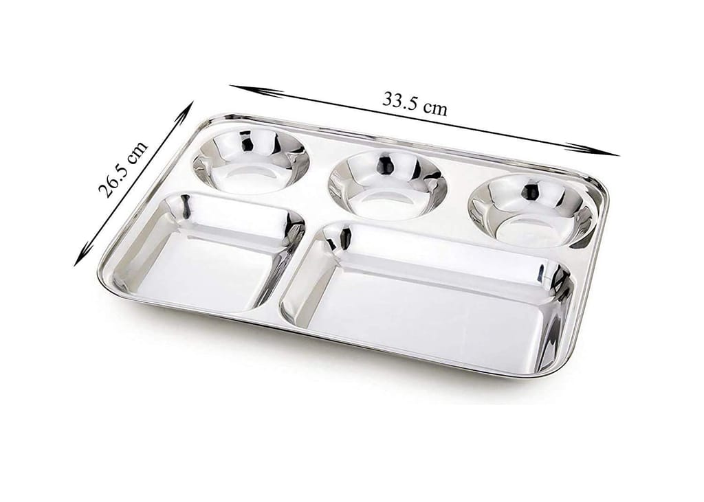NURAT Stainless Steel Lunch/Dinner Plate/Bhojan/Plate/Mess Tray 5 in 1 Compartments Set (Pack of 6)