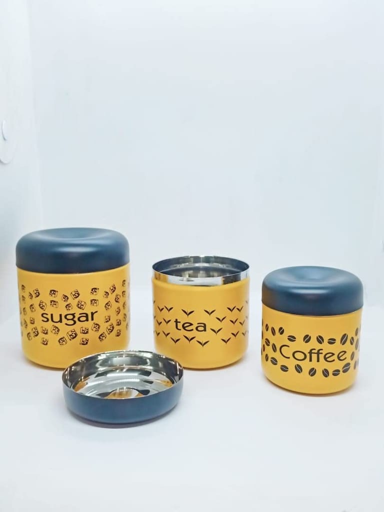 NURAT Stainless Steel Design Jar | Container | Canister set for Tea, Coffee & Sugar | Tea Coffee Sugar Containers Set of 3 | Yellow | 700ml,500ml,300ml