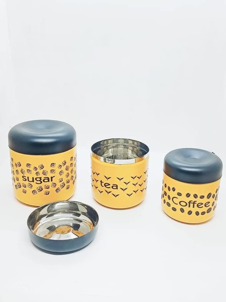 NURAT CANISTERS WITH COFFEE,SUGAR,AND TEA WRITING PRINTS CONTAINER (YELLOW) (CAPACITY:SUGAR 700ML:TEA 500ML:COFFEE 300ML)