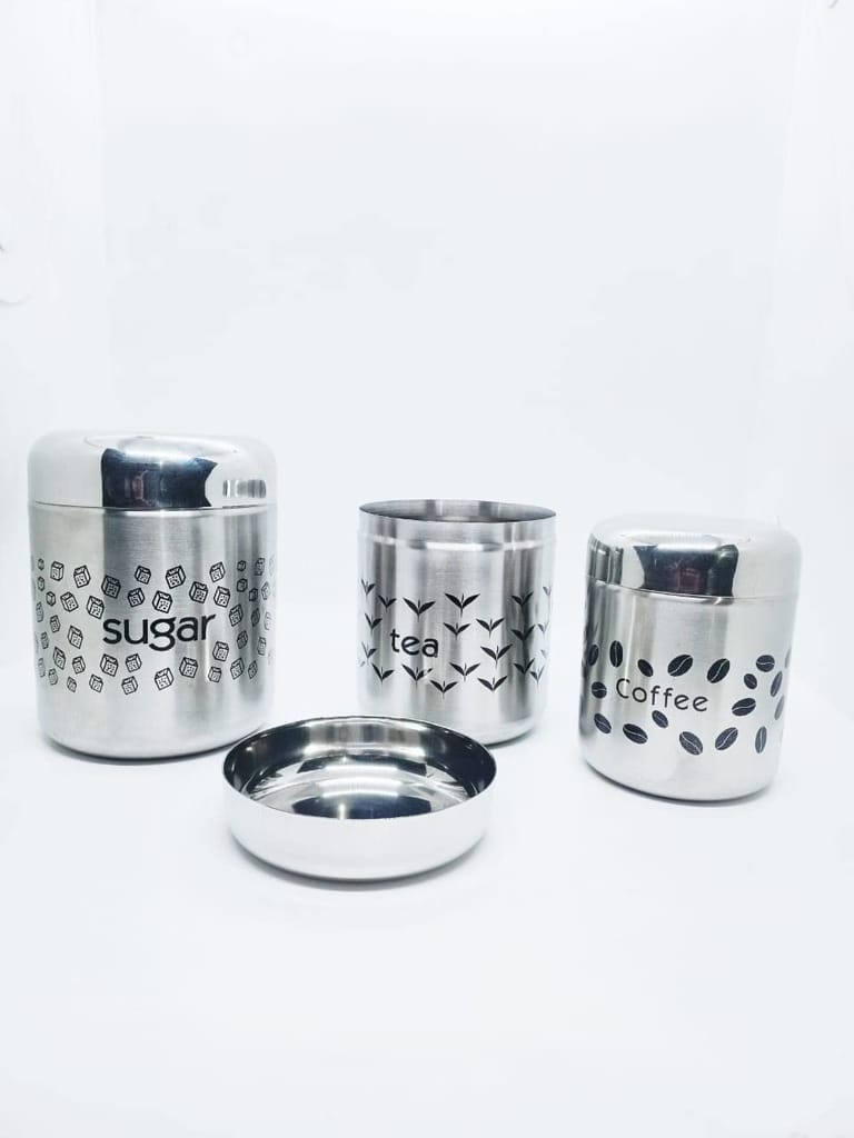 NURAT Stainless Steel Designed Writing Prints Storage Container Jar for Tea,500ml" Coffee,300ml" and Sugar,700ml (Silver)