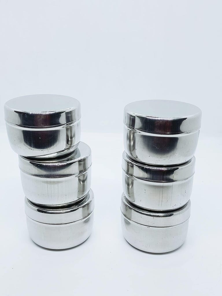 NURAT Stainless Steel Flat Steel Dabbi/Fridge Container 50 ml (Pack of 6)
