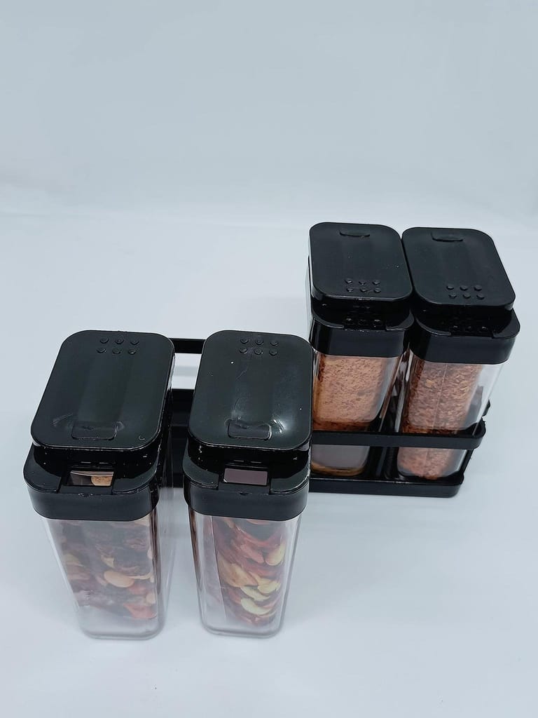 NURAT KITCHENWARE Plastic Revolving Kitchen Style Spice Color Salt Herb Masala Box Rack Stand, Set of 4-Pieces-black