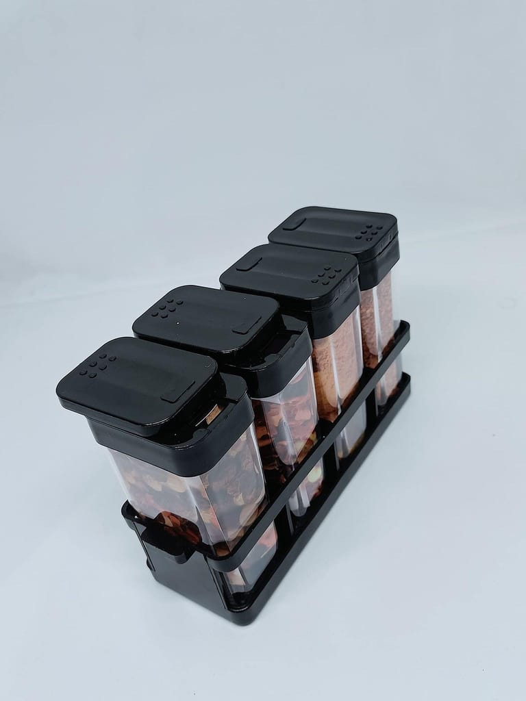 NURAT KITCHENWARE Plastic Revolving Kitchen Style Spice Color Salt Herb Masala Box Rack Stand, Set of 4-Pieces-black