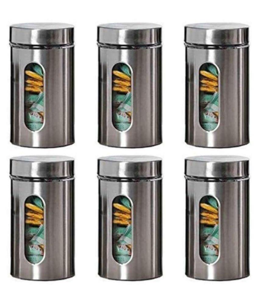 NURAT Airtight Glass Jar Kitchen Food Storage Container with Stainless Steel Cover Window Visible Canister Jar Set Glass & Airtight Lid (Pack of 6) 700ML