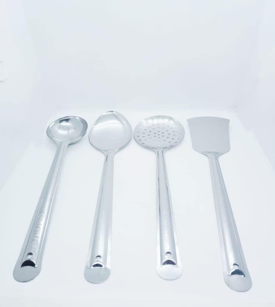 NURAT Kitchen Tools Stainless Steel Heavy Gauge Non-Stick 4 Piece Set of Ladle (Karchhi), Skimmer (Jhara), Solid Spoon (Chamcha) and Slotted Turner/Spatula (Palta) for Cooking/Frying/Stirring/Basting