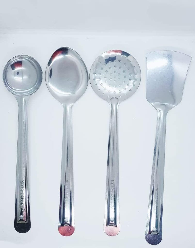 NURAT Kitchen Tools Stainless Steel Heavy Gauge Non-Stick 4 Piece Set of Ladle (Karchhi), Skimmer (Jhara), Solid Spoon (Chamcha) and Slotted Turner/Spatula (Palta) for Cooking/Frying/Stirring/Basting