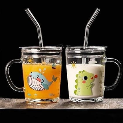 NURAT 2 pcs Floral Print Printed Mason Jar, Straw Jar with Lid and Straw, Drink for Milk,Tea,Coffee,Juice,Thick Shake Leak Proof(Best for Gift/Office Use)(2 Pc) (350 ML) (with Handle)