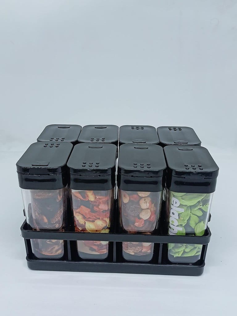 NURAT KITCHENWARE Plastic Revolving Kitchen Style Spice Color Salt Herb Masala Box Rack Stand, ( set of 8 )