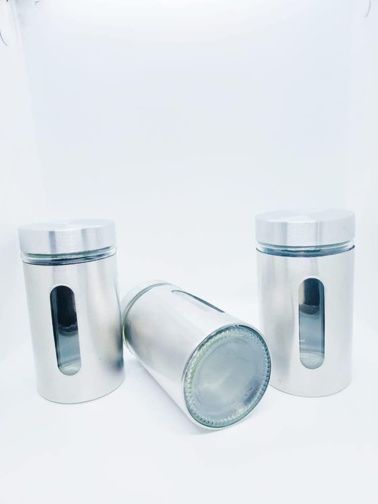 NURAT Clear Glass Steel Window Jars for Kitchen Storage Food Spices Canister, Airtight Food Storage |Airtight Steel Container Set for Kitchen (800 ML) Set of 3