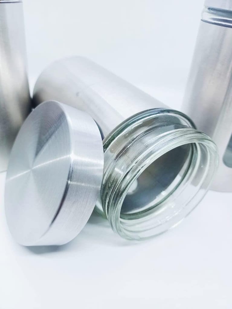 NURAT Clear Glass Steel Window Jars for Kitchen Storage Food Spices Canister, Airtight Food Storage |Airtight Steel Container Set for Kitchen (800 ML) Set of 3