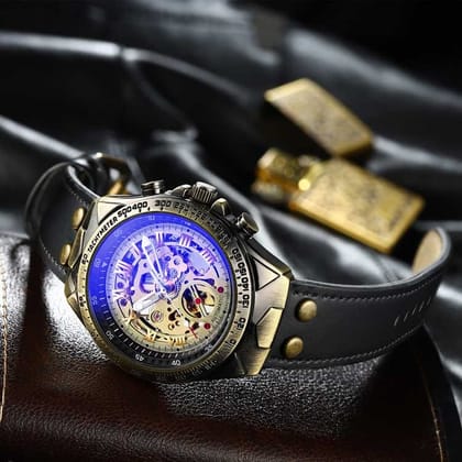 Forsining Skeleton Genuine Leather Série Mystère d'Art Vintage Engraved Rotatable Bezeled Self Winding Automatic Tourbillon Blue Moon Mechanical Analog Watch - For Men