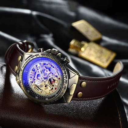 Forsining Skeleton Genuine Leather Série Mystère d'Art Vintage Engraved Rotatable Bezeled Self Winding Automatic Tourbillon Blue Moon Mechanical Analog Watch - For Men