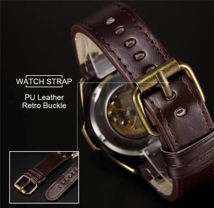 Forsining Skeleton Genuine Leather Série Mystère d'Art Vintage Engraved Rotatable Bezeled Self Winding Automatic Tourbillon Blue Moon Mechanical Analog Watch - For Men