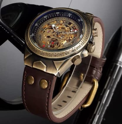 Forsining Genuine Leather Série Mystère d'Art Vintage Engraved Rotatable Bezeled Self Winding Automatic Tourbillon Blue Moon Mechanical Analog Watch - For Men
