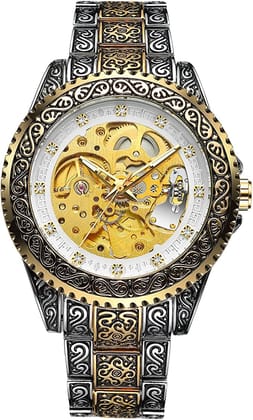Forsining Série Mystère d'Art Vintage Engraved Rotatable Bezeled Self Winding Automatic Tourbillon Blue Moon Mechanical Stainless Steel Analog Watch - For Men