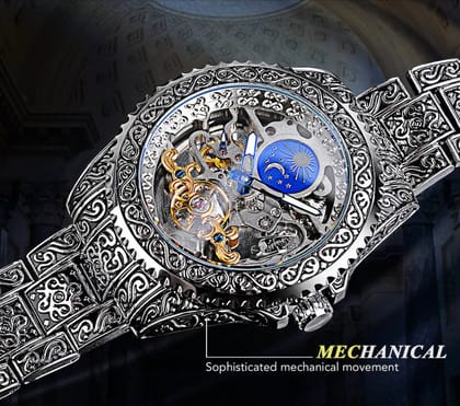 Forsining Série Mystère d'Art Vintage Engraved Rotatable Bezeled Self Winding Automatic Tourbillon Blue Moon Mechanical Stainless Steel Analog Watch - For Men