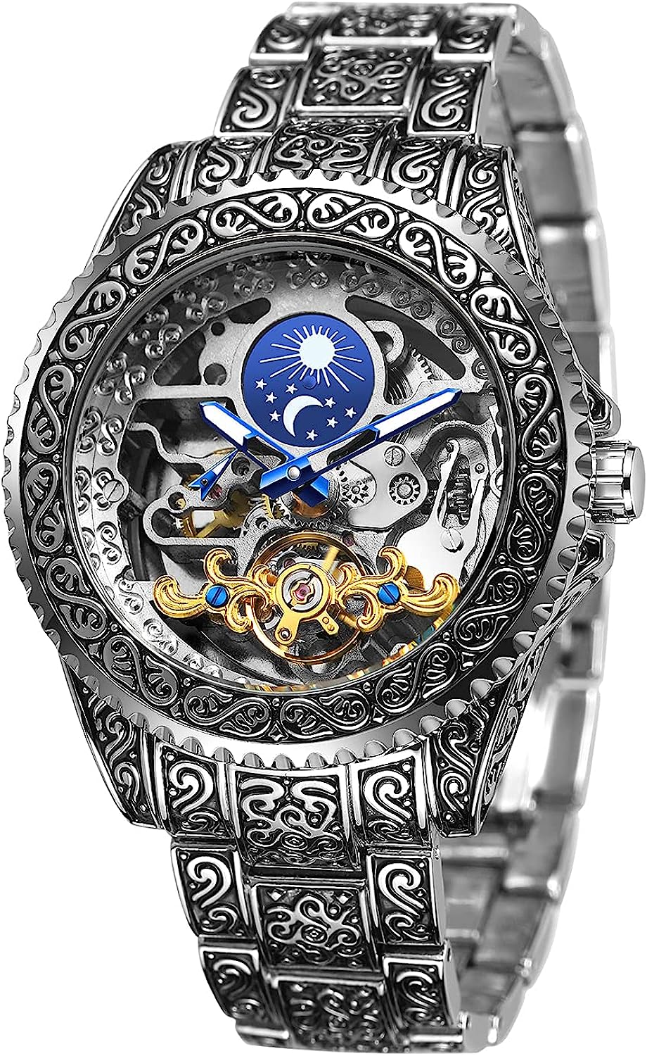 Forsining Série Mystère d'Art Vintage Engraved Rotatable Bezeled Self Winding Automatic Tourbillon Blue Moon Mechanical Stainless Steel Analog Watch - For Men