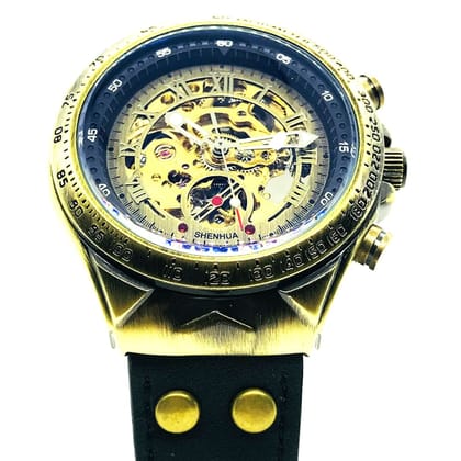 Forsining Skeleton Genuine Leather Série Mystère d'Art Vintage Engraved Rotatable Bezeled Self Winding Automatic Tourbillon Blue Moon Mechanical Analog Watch - For Men