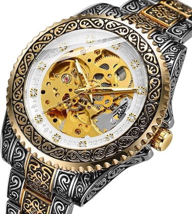 Forsining Série Mystère d'Art Vintage Engraved Rotatable Bezeled Self Winding Automatic Tourbillon Blue Moon Mechanical Stainless Steel Analog Watch - For Men