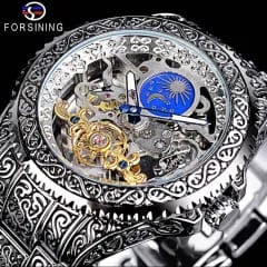 Forsining Série Mystère d'Art Vintage Engraved Rotatable Bezeled Self Winding Automatic Tourbillon Blue Moon Mechanical Stainless Steel Analog Watch - For Men