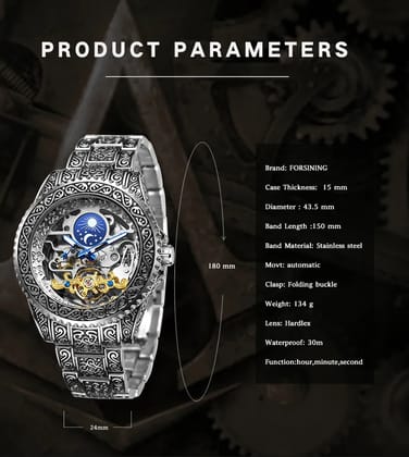 Forsining Série Mystère d'Art Vintage Engraved Rotatable Bezeled Self Winding Automatic Tourbillon Blue Moon Mechanical Stainless Steel Analog Watch - For Men
