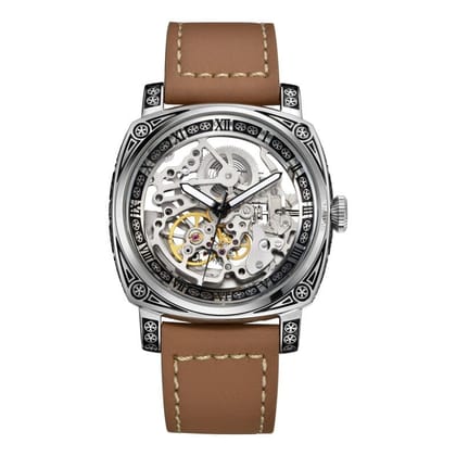 Forsining Genuine Leather Série Mystère d'Art Vintage Engraved Rotatable Bezeled Self Winding Automatic Tourbillon Blue Moon Mechanical Analog Watch - For Men