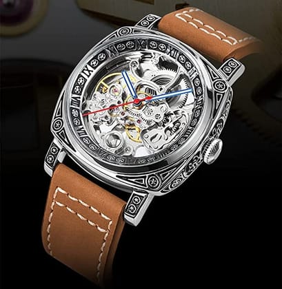 Forsining Genuine Leather Série Mystère d'Art Vintage Engraved Rotatable Bezeled Self Winding Automatic Tourbillon Blue Moon Mechanical Analog Watch - For Men