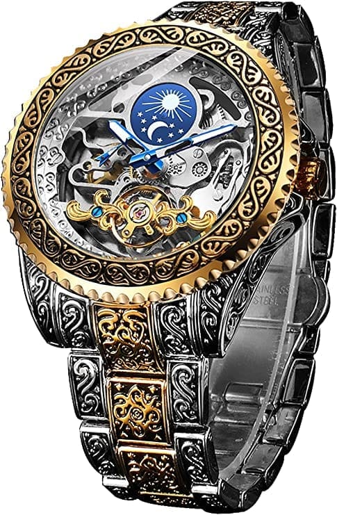 Forsining Série Mystère d'Art Vintage Engraved Rotatable Bezeled Self Winding Automatic Tourbillon Blue Moon Mechanical Stainless Steel Analog Watch - For Men