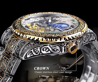 Forsining Série Mystère d'Art Vintage Engraved Rotatable Bezeled Self Winding Automatic Tourbillon Blue Moon Mechanical Stainless Steel Analog Watch - For Men