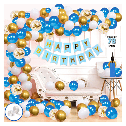 Happy Birthday Decoration Kit for Boys & Men with Blue HBD Banner, Metallic Balloons, Confetti Balloons, Balloon Arch & Glue Dot Tape (Pack of 78 Pcs)