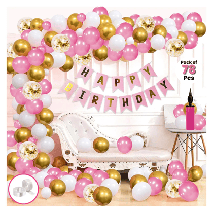 Happy Birthday Decoration Kit for Girls & Women with Pink HBD Banner, Metallic Balloons, Confetti Balloons, Balloon Arch & Glue Dot Tape (Pack of 78 Pcs)