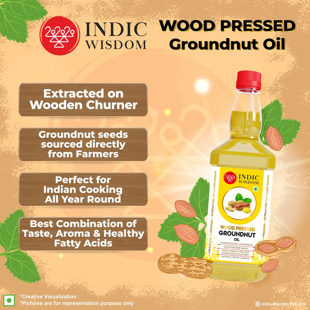 IndicWisdom Wood Pressed Groundnut Oil 1 Liter (Cold Pressed Groundnut Oil - Extracted on Wooden Churner)