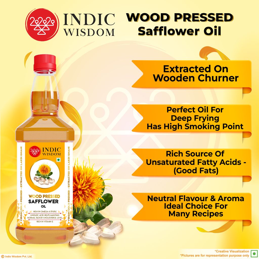 IndicWisdom Wood Pressed Safflower Oil 1 Liter (Cold Pressed Safflower Oil - Extracted on Wooden Churner)
