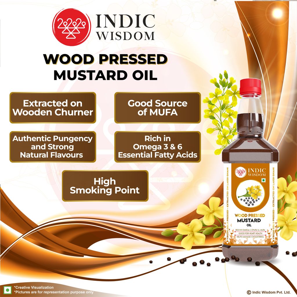 IndicWisdom Wood Pressed Mustard Oil 1 Liter (Cold Pressed Mustard Oil - Extracted on Wooden Churner)