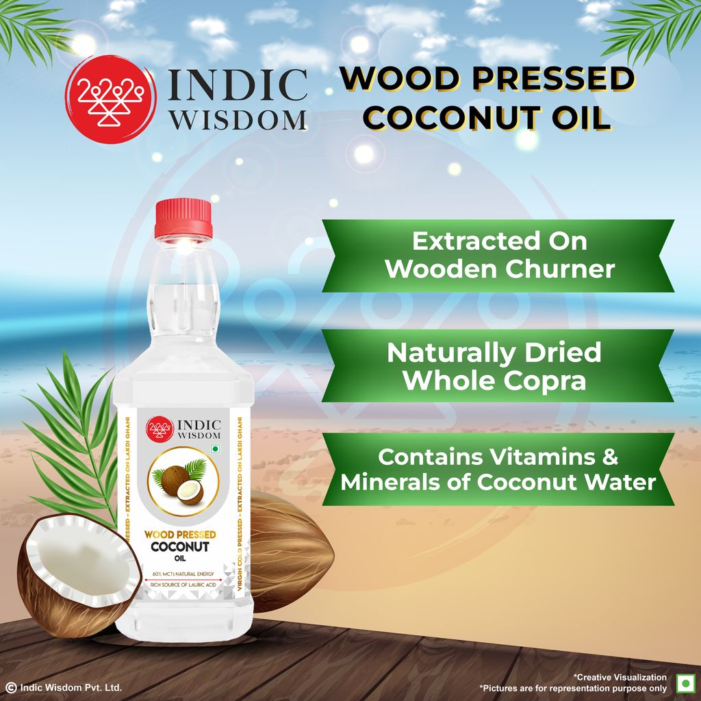 IndicWisdom Wood Pressed Virgin Coconut Oil 1 Liter (Cold Pressed Coconut Oil - Extracted on Wooden Churner)