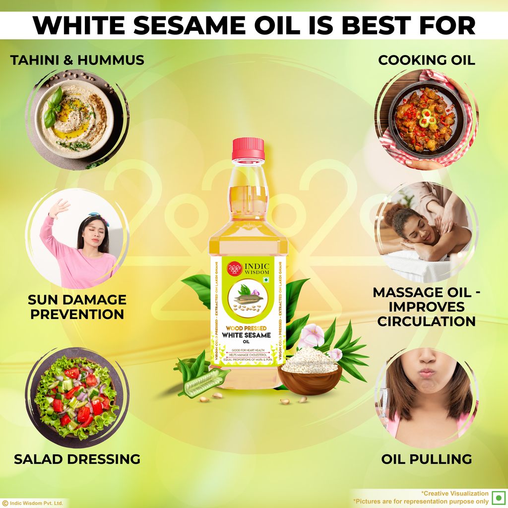 IndicWisdom Wood Pressed White Sesame Oil 1 Liter (Cold Pressed White Sesame Oil - Extracted on Wooden Churner)