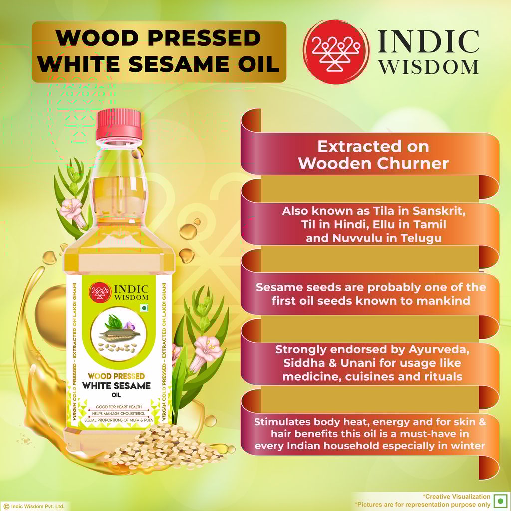 IndicWisdom Wood Pressed White Sesame Oil 1 Liter (Cold Pressed White Sesame Oil - Extracted on Wooden Churner)