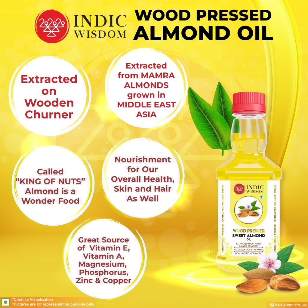 IndicWisdom Wood Pressed Sweet Almond Oil 100 ml (Cold Pressed Sweet Almond Oil - Extracted on Wooden Churner)