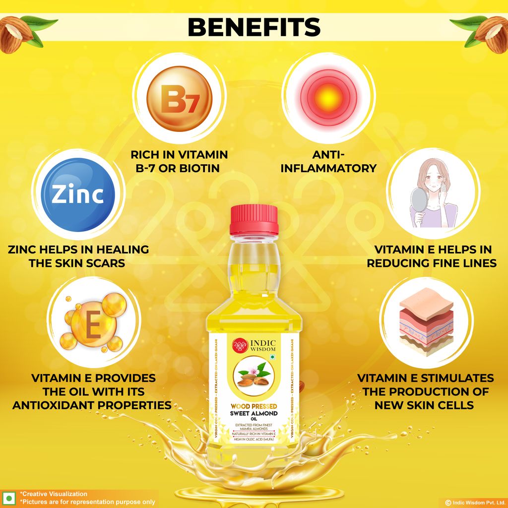 IndicWisdom Wood Pressed Sweet Almond Oil 100 ml (Cold Pressed Sweet Almond Oil - Extracted on Wooden Churner)