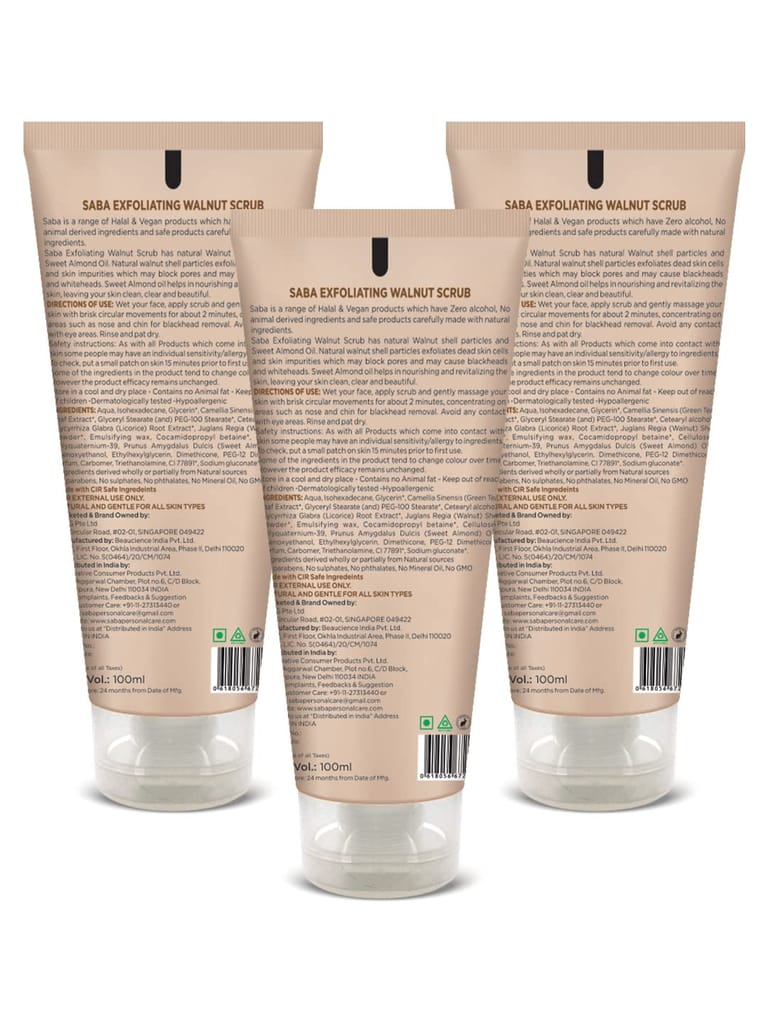 Saba Exfoliating Walnut Scrub, Saba Daily Moisturizing Face Wash & Saba Anti Acne Neem Face Wash | Face Care Combo | All Skin Types | 100 ml Each | Pack Of 3