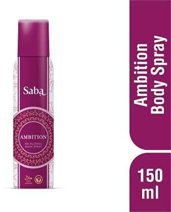 SABA Ambition Perfumed Body Spray Deodorant, Long lasting Fragrance, No Alcohol , Perfumed Body Spray Deodorant,Long lasting Fragrance,No Alcohol, Zero Itching, Zero Burning Sensation, Vegan and Halal, For women - 150 ml