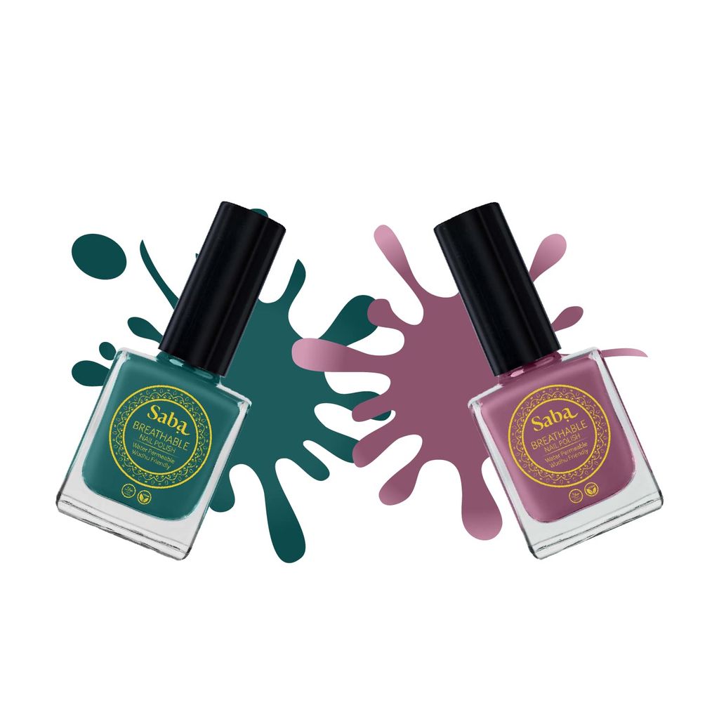 SABA Breathable Chip Resistant. Long Lasting Nail Polish Set of 2|Fast Drying/Halal/Cruelty Free/Vegan Nail Lacquer|Harmful Chemical Free, Water Permeable,Glossy Nail Polish (12 ml Each)