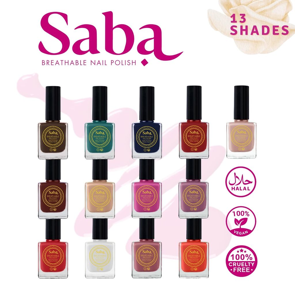 SABA Breathable Chip Resistant. Long Lasting Nail Polish Set of 2|Fast Drying/Halal/Cruelty Free/Vegan Nail Lacquer|Harmful Chemical Free, Water Permeable,Glossy Nail Polish (12 ml Each)