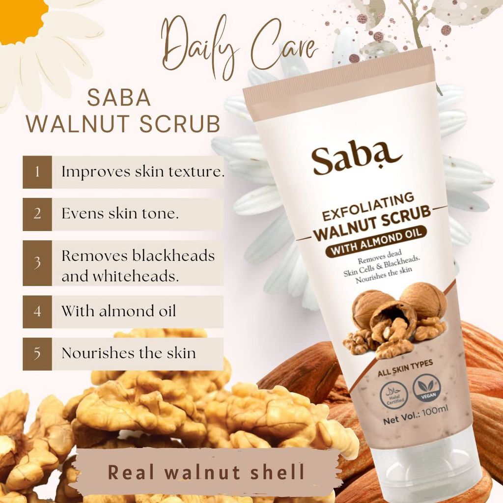 Saba Walnut Scrub | 100 ml | With Natural Powdered Kashmiri walnut shell | Exfoliates and Revitalizes the Skin, Bye Bye Black heads(pack of 3 units)