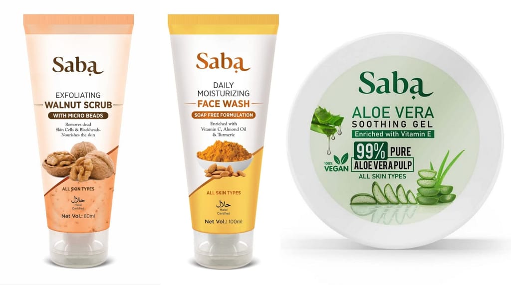 Saba Natural Facial Kit | Daily Moisturizing Turmeric & Almond Facewash, Walnut Scrub With Kashmiri Walnut Shell & Pure Aloe Vera Gel With Vitamin E for Face, Skin and Hair | Combo Of 3 Products