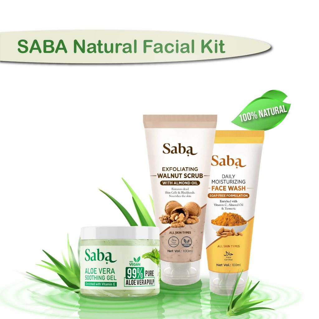 Saba Natural Facial Kit | Daily Moisturizing Turmeric & Almond Facewash, Walnut Scrub With Kashmiri Walnut Shell & Pure Aloe Vera Gel With Vitamin E for Face, Skin and Hair | Combo Of 3 Products