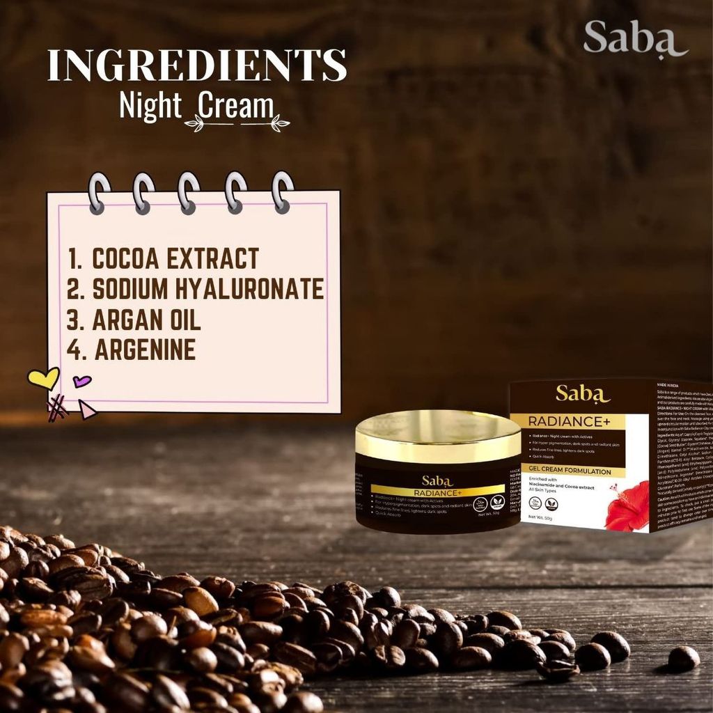 Saba Radiance+ Night Gel Cream with Niacinamide, Cocoa Extract & Actives | 50g