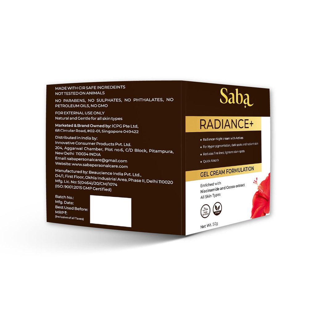 Saba Radiance+ Night Gel Cream with Niacinamide, Cocoa Extract & Actives | 50g