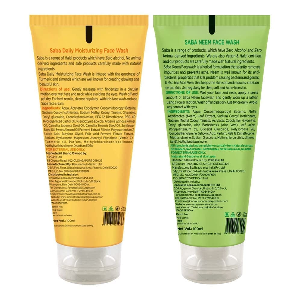 Saba Daily Moisturizing & Neem Face Wash Combo | All Skin Types | 100 ml Each | Pack Of 2